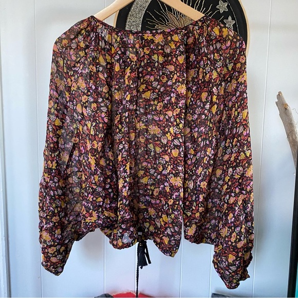 by Anthropologie Pauline Balloon-Sleeved Blouse Floral Black Tie Semi Sheer Top - Picture 10 of 15